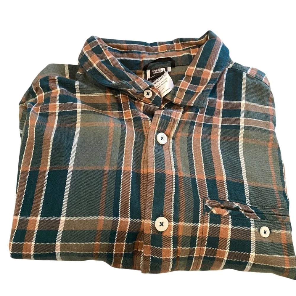 The North Face Mens Medium Plaid Flannel‎ Shirt Green Brown Gorpcore Hiking